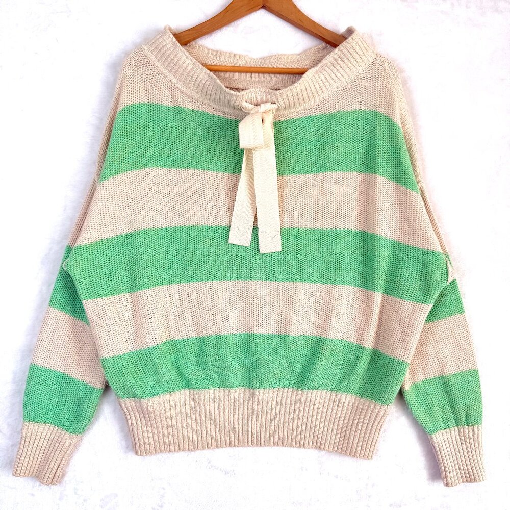 FREE PEOPLE Cassidy Off The Shoulder Ribbon Linen Blend Flirty Sweater S Green